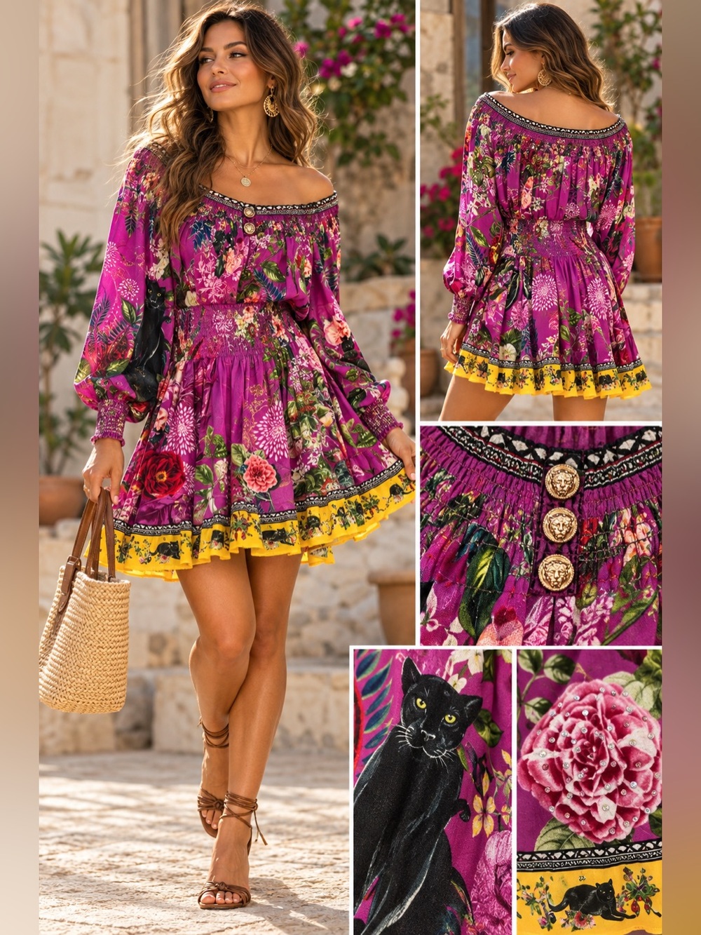 Camilla Jungle Language Silk Off-Shoulder Mini Dress Purple Floral Embellished